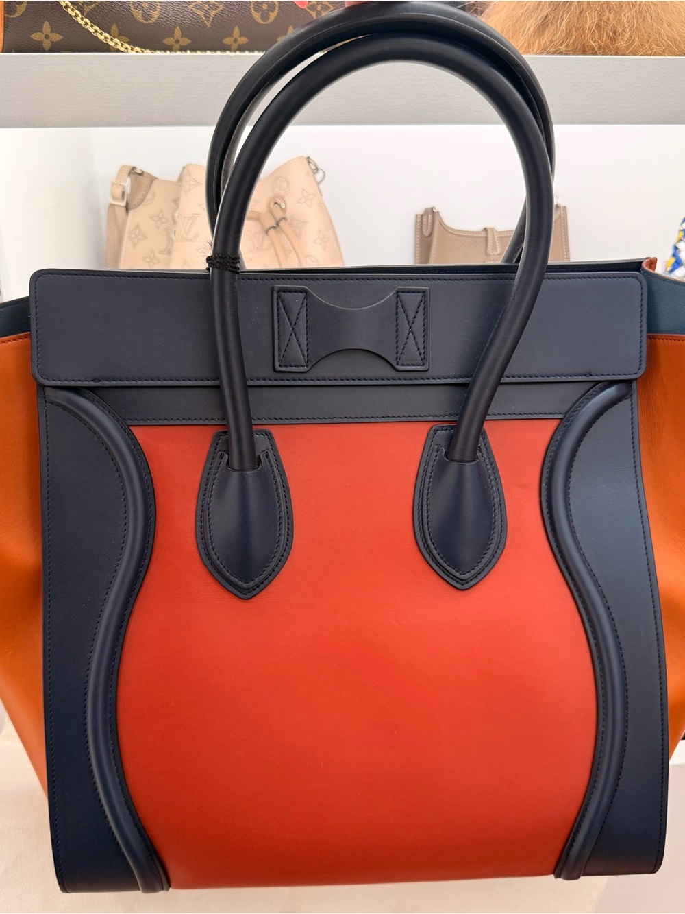 Authentic CELINE Two-Tone Orange & Navy Leather Tote - Picture 2 of 4